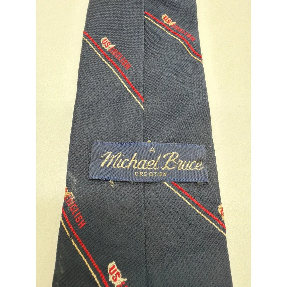 Michael Bruce Creation Mens Navy Blue US English Logo Striped Silk Blend Tie